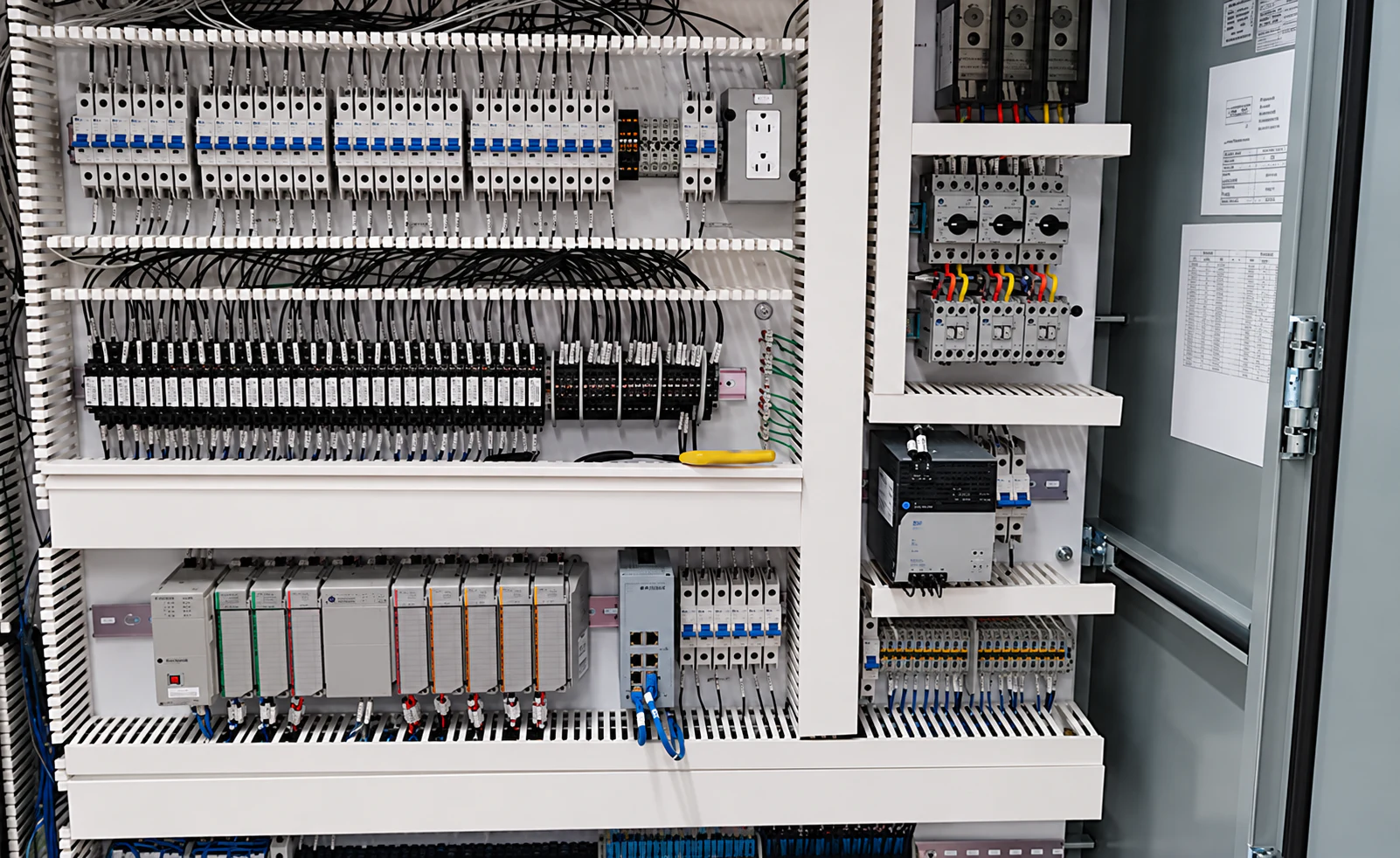 Industrial control panel with PLC racks, circuit breakers, and organized wiring