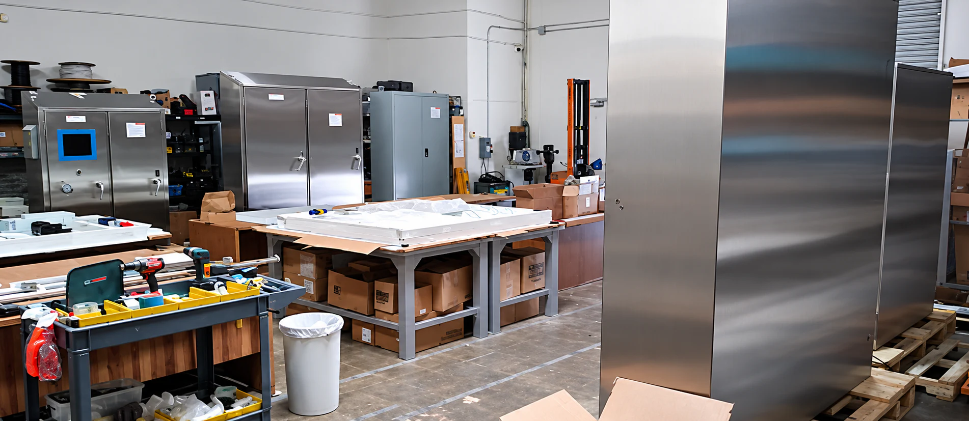 Stainless-steel industrial control enclosures in a fabrication shop