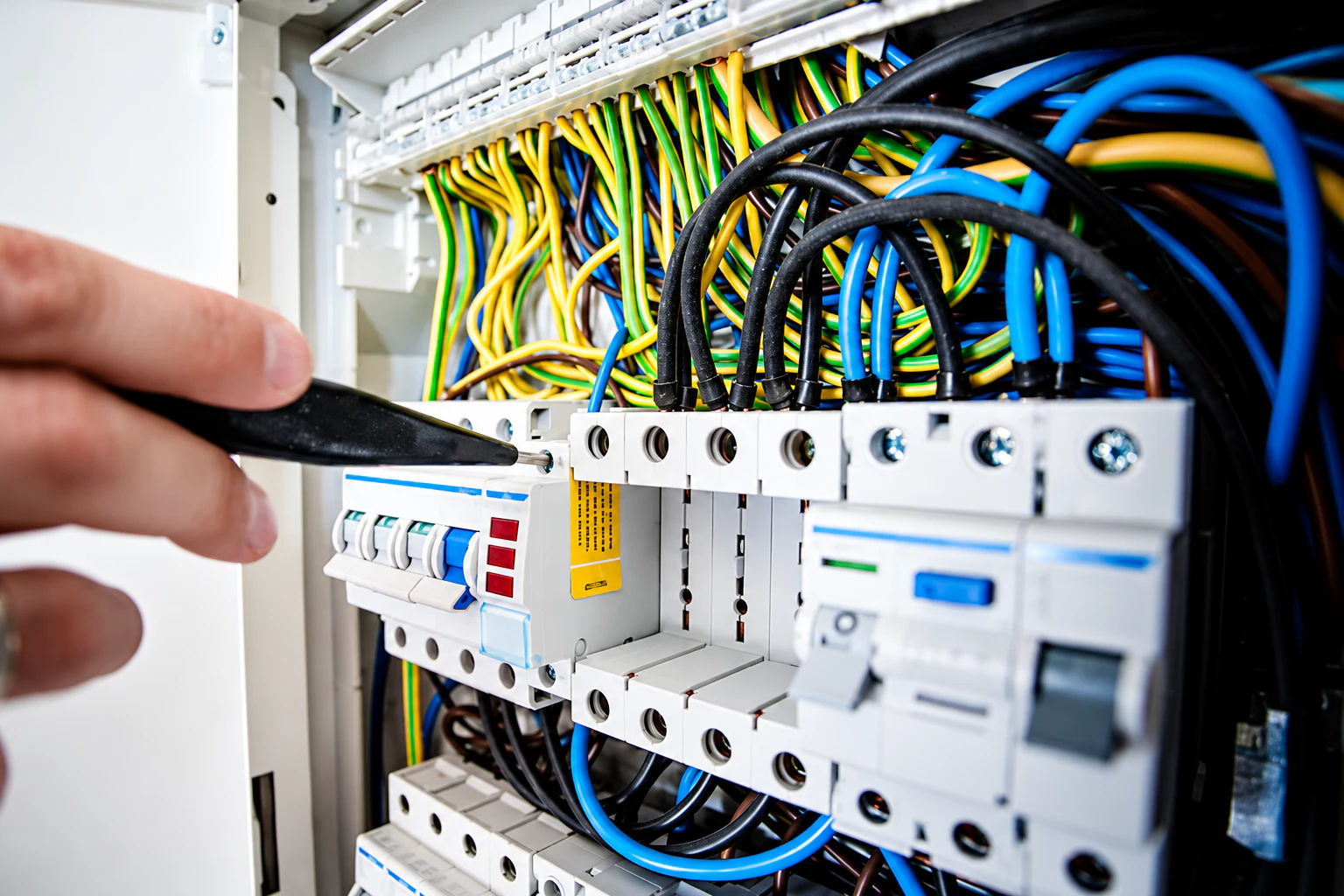 Electrical technician working on an industrial control panel